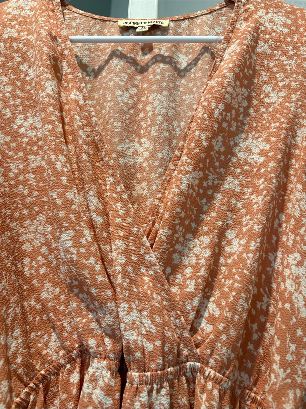 Inspired Hearts Peach Floral Wrap Dress with White Print - Picture 4 of 5